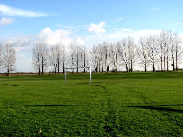 A soccer field with a goalpost, surrounded by leafless trees and a clear sky.