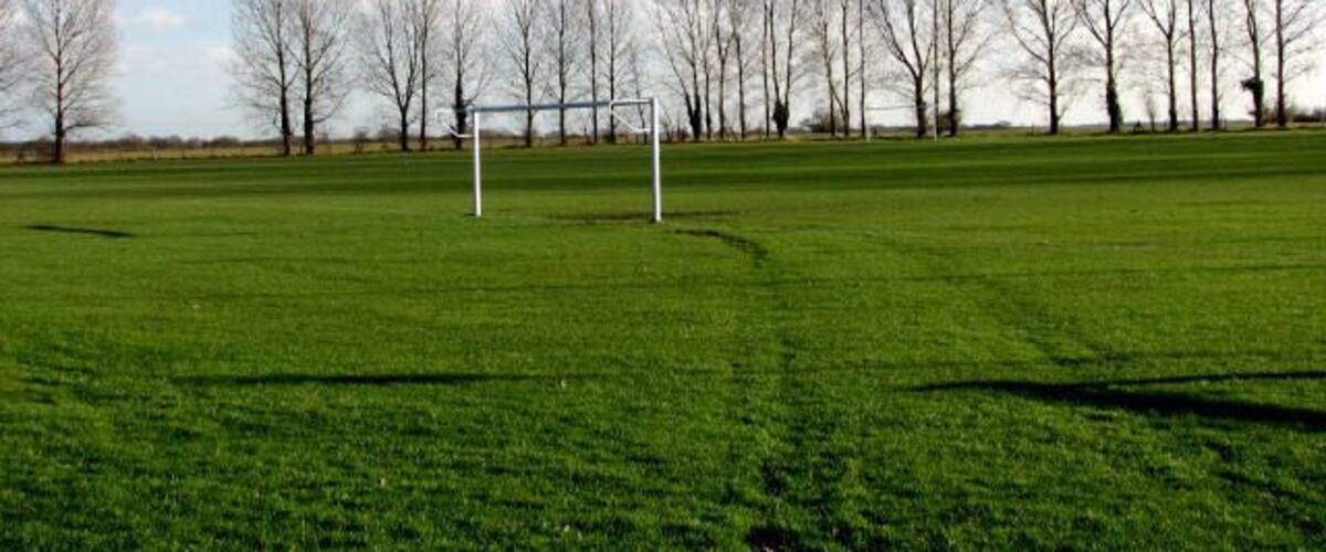 A soccer field with a goalpost, surrounded by leafless trees and a clear sky.