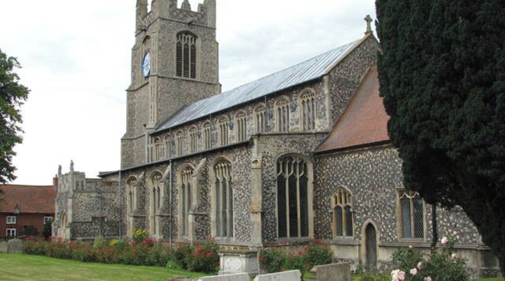 St Martin's Church. St Martin's church > 1394686 was designed and built in one piece by architect Thomas Aldrych in the mid 15th century, using limestone in combination with knapped flint for the flushwork decoration. The south aisle was restored and enlarged in the 16th century when the roof height was raised. The present chancel was restored by Norwich architect Edward Boardman in Victorian times. The east window, which contains Kempe glass, was installed at the same time. The reredos > 1394692 is by H.B. Walters and dates from 1906. It is believed that the Easter Sepulchre > 1394691 once contained the remains of Alice Knyvet and the indent of a brass depicting a woman in prayer remains on the back wall of the tomb recess. The octagonal font bowl > 1394706 - it is dated 'Feb 1 1617' and inscribed with the name of the churchwardens - rests on a medieval shaft which is decorated with four lions, alternating with wild men. Four of the doors > 1394682 are original and several 15th century poppy-headed benches have survived in the nave. The church is open every day.