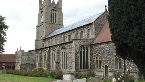 St Martin's Church. St Martin's church > 1394686 was designed and built in one piece by architect Thomas Aldrych in the mid 15th century, using limestone in combination with knapped flint for the flushwork decoration. The south aisle was restored and enlarged in the 16th century when the roof height was raised. The present chancel was restored by Norwich architect Edward Boardman in Victorian times. The east window, which contains Kempe glass, was installed at the same time. The reredos > 1394692 is by H.B. Walters and dates from 1906. It is believed that the Easter Sepulchre > 1394691 once contained the remains of Alice Knyvet and the indent of a brass depicting a woman in prayer remains on the back wall of the tomb recess. The octagonal font bowl > 1394706 - it is dated 'Feb 1 1617' and inscribed with the name of the churchwardens - rests on a medieval shaft which is decorated with four lions, alternating with wild men. Four of the doors > 1394682 are original and several 15th century poppy-headed benches have survived in the nave. The church is open every day.