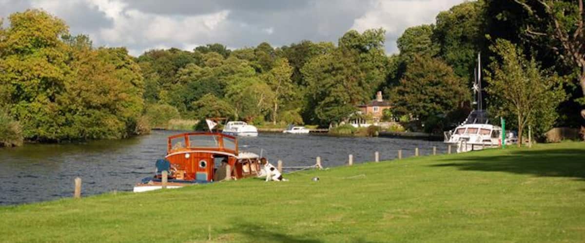 A river with boats, a grassy bank, and trees in the background.