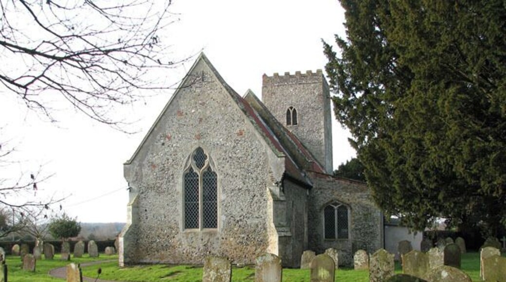 All Saints church. All Saints church > 1692081 - 1692114 dates from the 14th century and is a Grade II listed building. Its south porch is a later addition dating from the 15th or early 16th century, and an extension built onto the north wall and providing modern facilities was completed in 2009. The church houses a number of medieval survivals, amongst them several wall paintings - one depicting St Christopher, another the Annunciation > 1692151. A very rare depiction of a group of women surrounded by three devils, dominated by Titivallus - the Demon of Gossip - is painted on the north nave wall, clearly meant as a warning against gossiping. The rood screen > 1692117 is late C15. The octagonal font > 1692132 is of Purbeck marble and dates from Norman times, whereas the wooden painted cover was added in 1934.