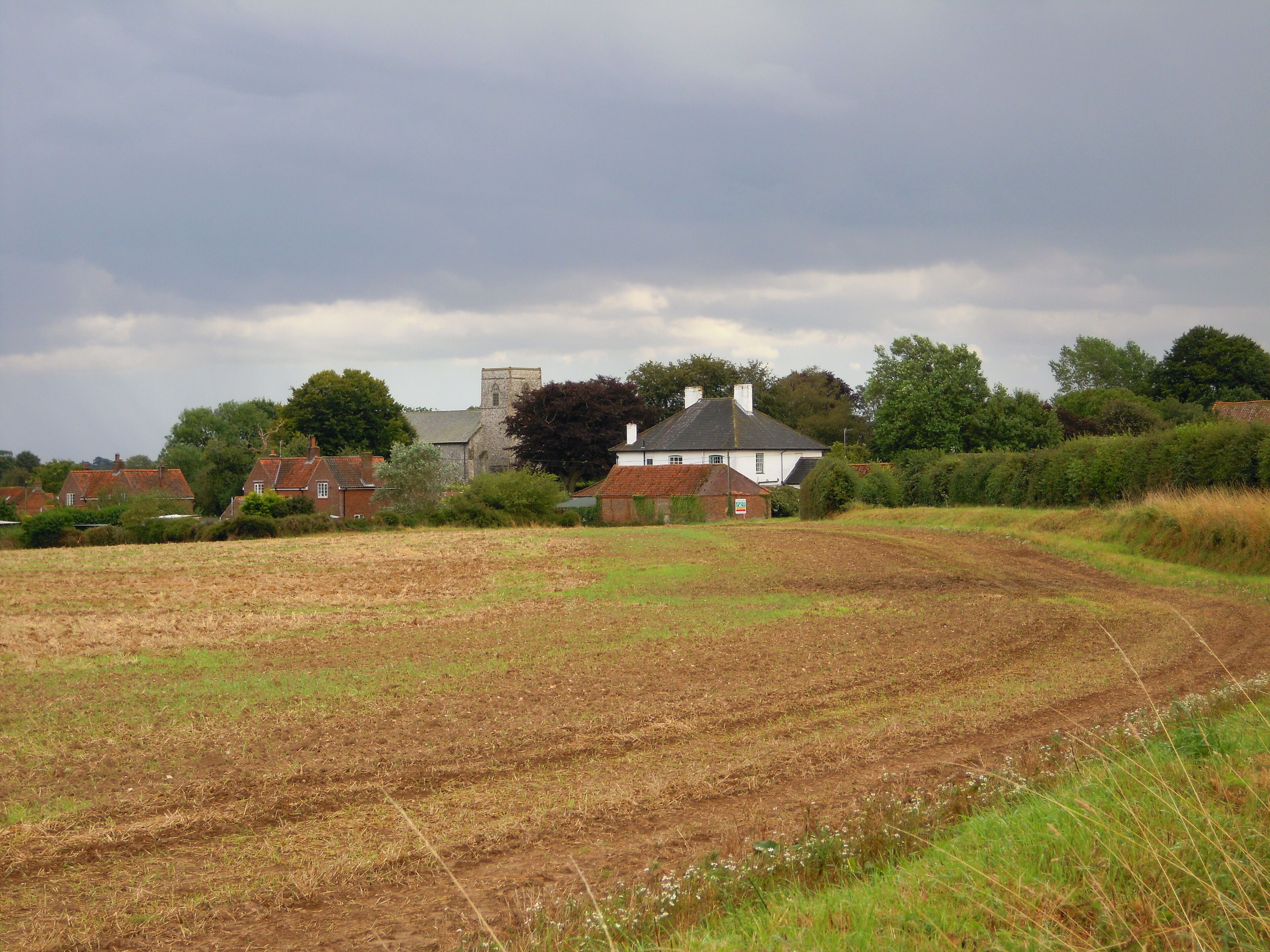 A rural landscape with fields, a church, and residential houses.