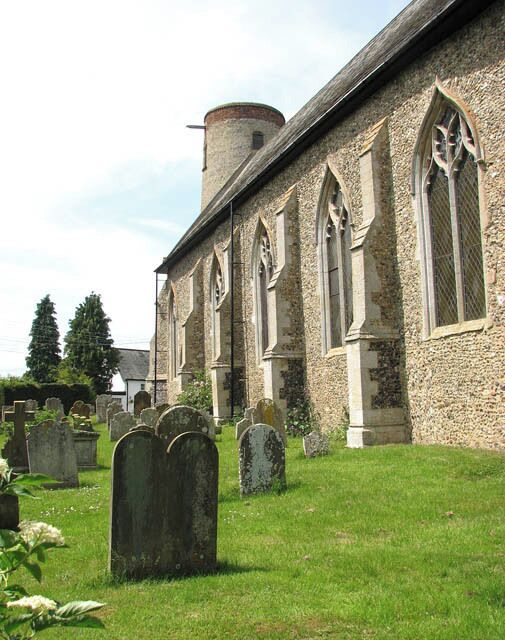 All Saints Church. All Saints church > 1355796 has a Saxon round tower which narrows towards the top and there is no separation between nave and chancel to be seen in the roofline. Sadly, this church is kept locked but on occasion of a display of wedding photographs in the church the door was open over a weekend, and it was possible to take photographs of the interior. All Saints church has timber-panelled roofs and modern furnishings > 1373948 - 1373986. A C14 rood screen > 1373954 has survived as has the piscina and triple sedilia > 1373962 dating from the same time, and an octagonal font > 1374000 dating from the 15th century. Of interest are also the C18 altar rails and a wineglass pulpit > 1373968.