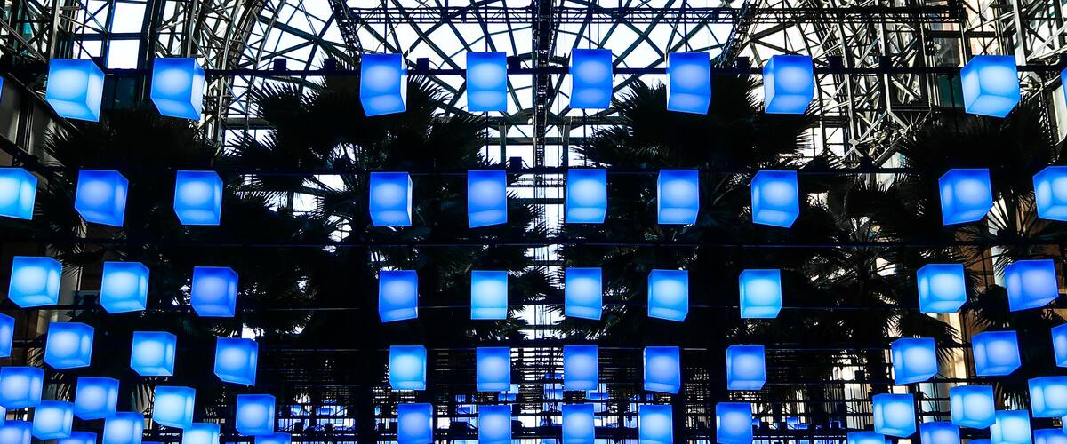 Lights changing with the music at this mall by the World Trade Center