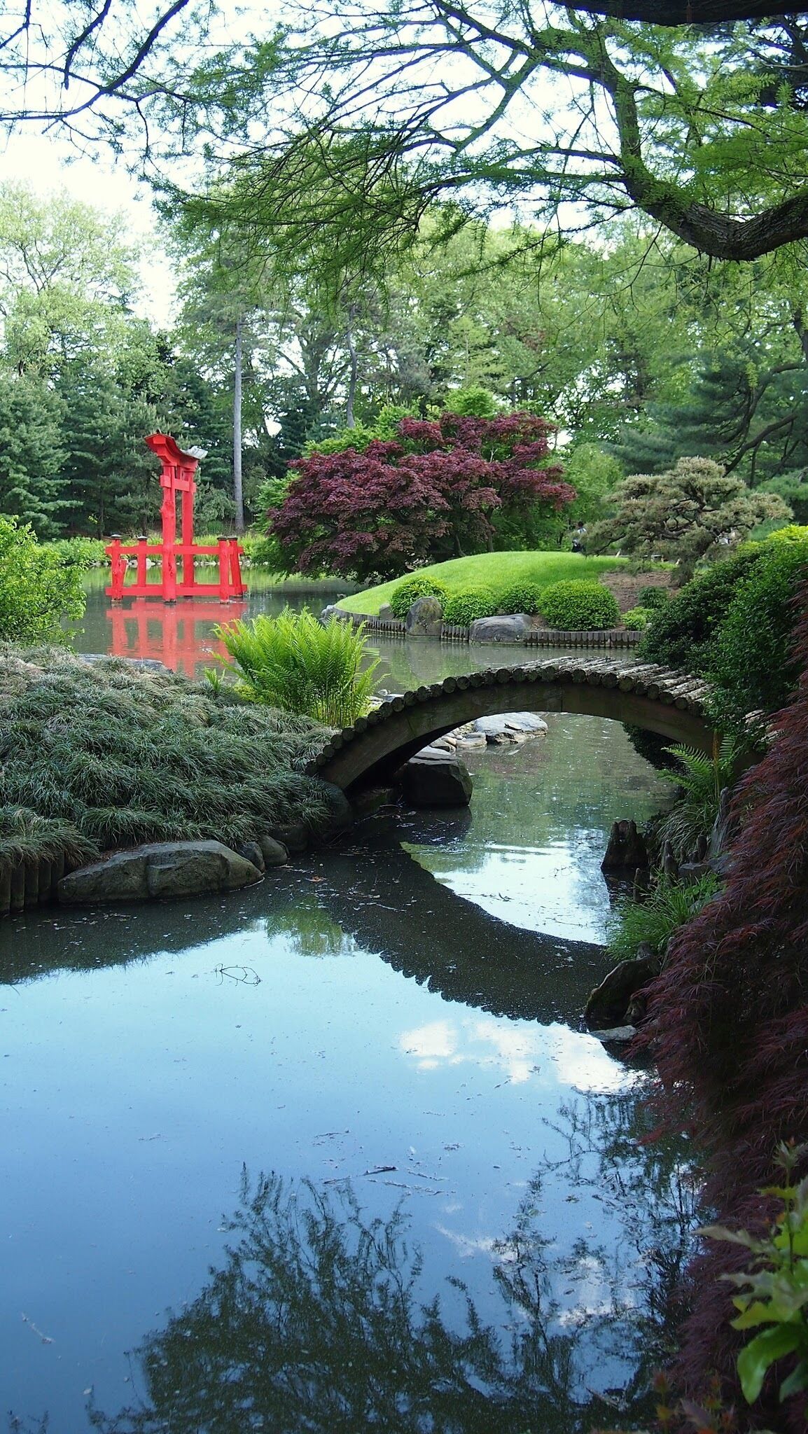 Un pont de pierre enjambant un étang, entouré d’une végétation luxuriante et surmonté d’un portail torii rouge.