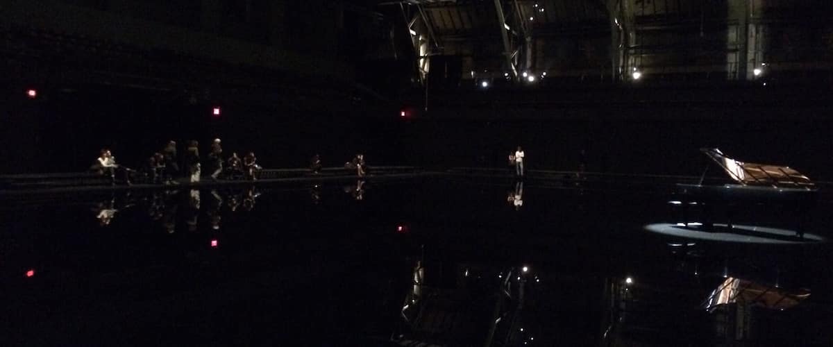 2014 art installation "tears become... streams become..." by artist Douglas Gordon and pianist Hélène Grimaud. The floor of the drill hall was covered by an enormous pool of water into which two pianos had been placed. There were performance on the pianos for the first few weeks; after that, it was purely an installation. Smartphone pic so not very good quality—really wish I'd brought my camera!