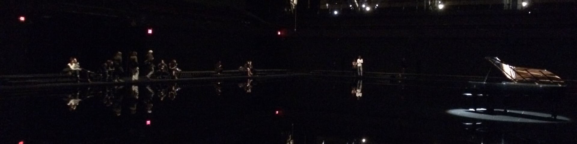 2014 art installation "tears become... streams become..." by artist Douglas Gordon and pianist Hélène Grimaud. The floor of the drill hall was covered by an enormous pool of water into which two pianos had been placed. There were performance on the pianos for the first few weeks; after that, it was purely an installation. Smartphone pic so not very good quality—really wish I'd brought my camera!