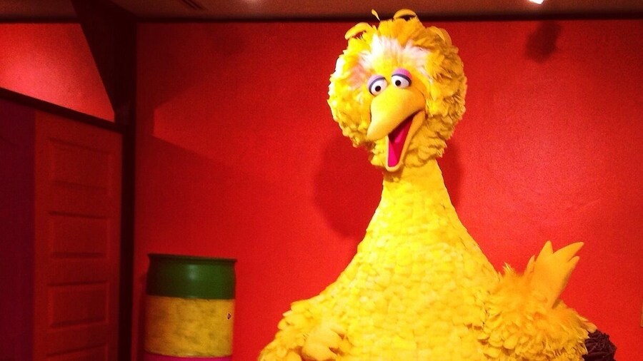 Big Bird standing tall in the Somebody Come and Play FREE exhibit