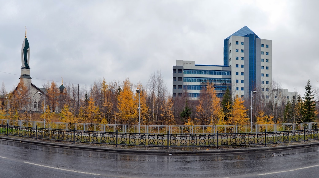 Panorama of Remisov public garden with Gazprom building and the mosque. Nadym, Yamalo-Nenets Autonomous Okrug (Yamal), Russia.