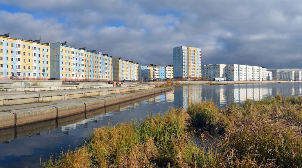 View at Orudzhev embankment and Yantarnoye (Amber) lake. Nadym, Yamalo-Nenets Autonomous Okrug (Yamal), Russia.