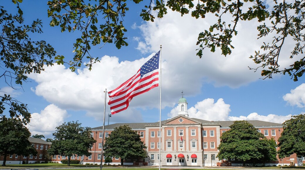 a flag in front of the headquarters of the marine expeditionary force during the Amphibious Bold Alligator Exercise organized by the US Navy and the Marine Corps