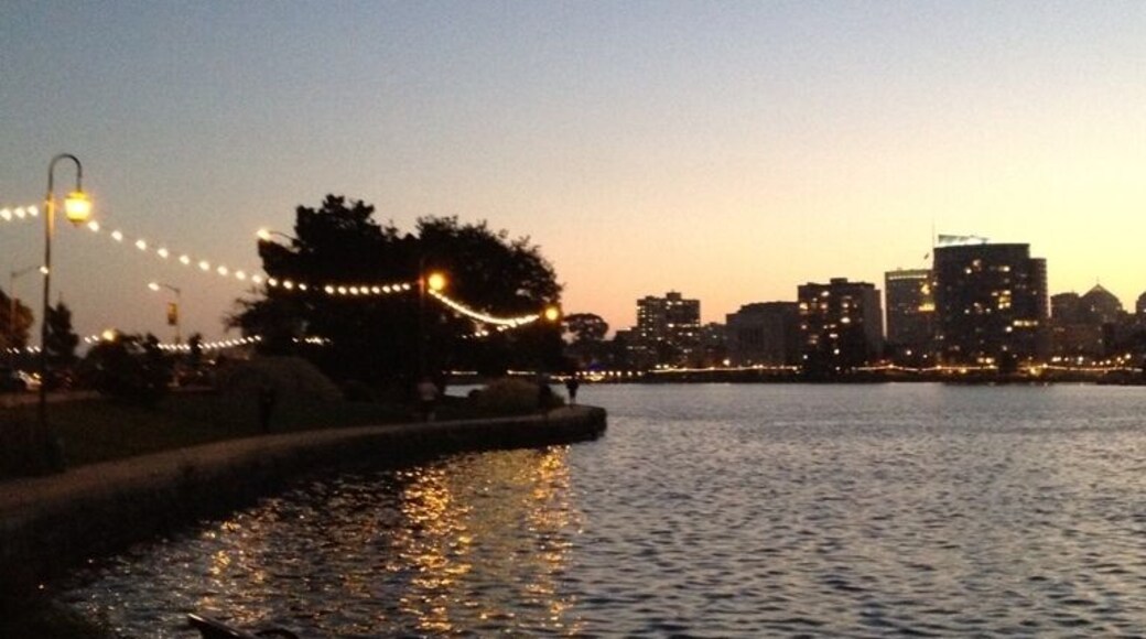 Nice sidewalk lined with lights going around the perimeter of the lake