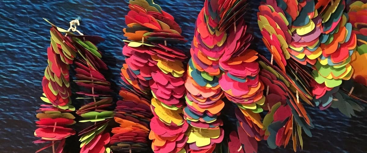 Colorful paper leis at the Polynesian exhibit.