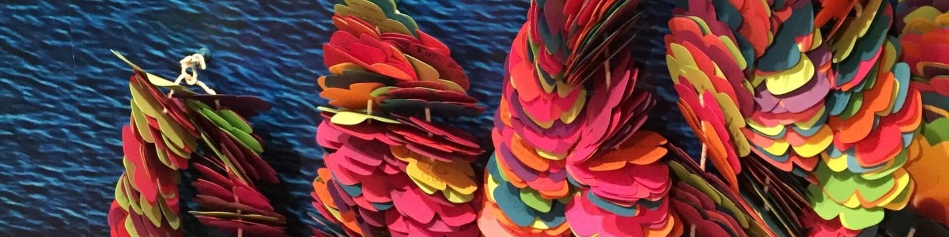 Colorful paper leis at the Polynesian exhibit.