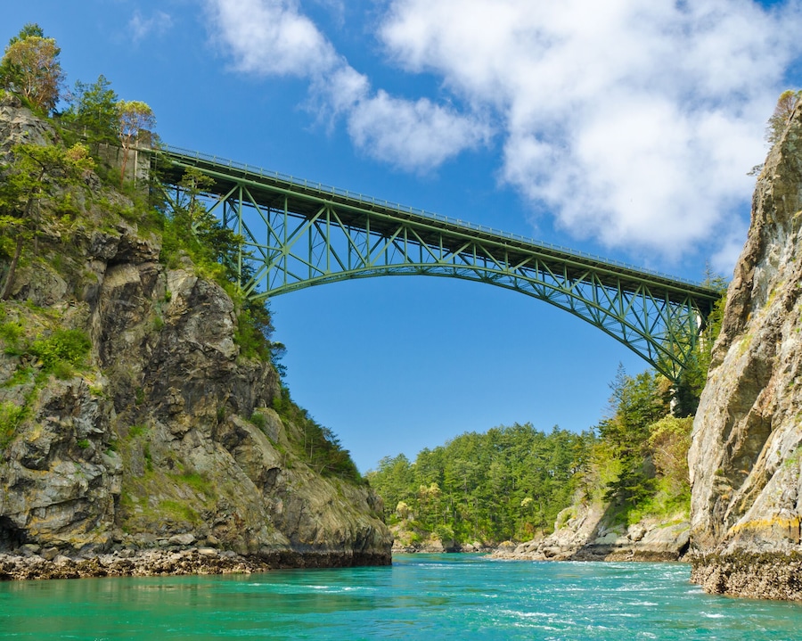 The Deception Pass Bridge bridge connecting Whidbey Island to Fidalgo Island in  the U.S. state of Washington; Shutterstock ID 76707403