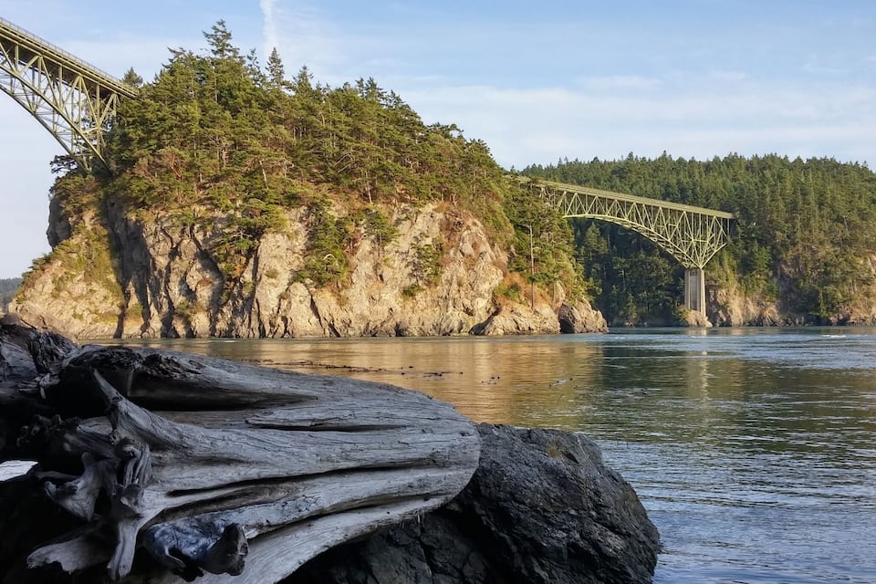 A bridge over a river with a forested cliff and a large fallen tree trunk in the foreground.