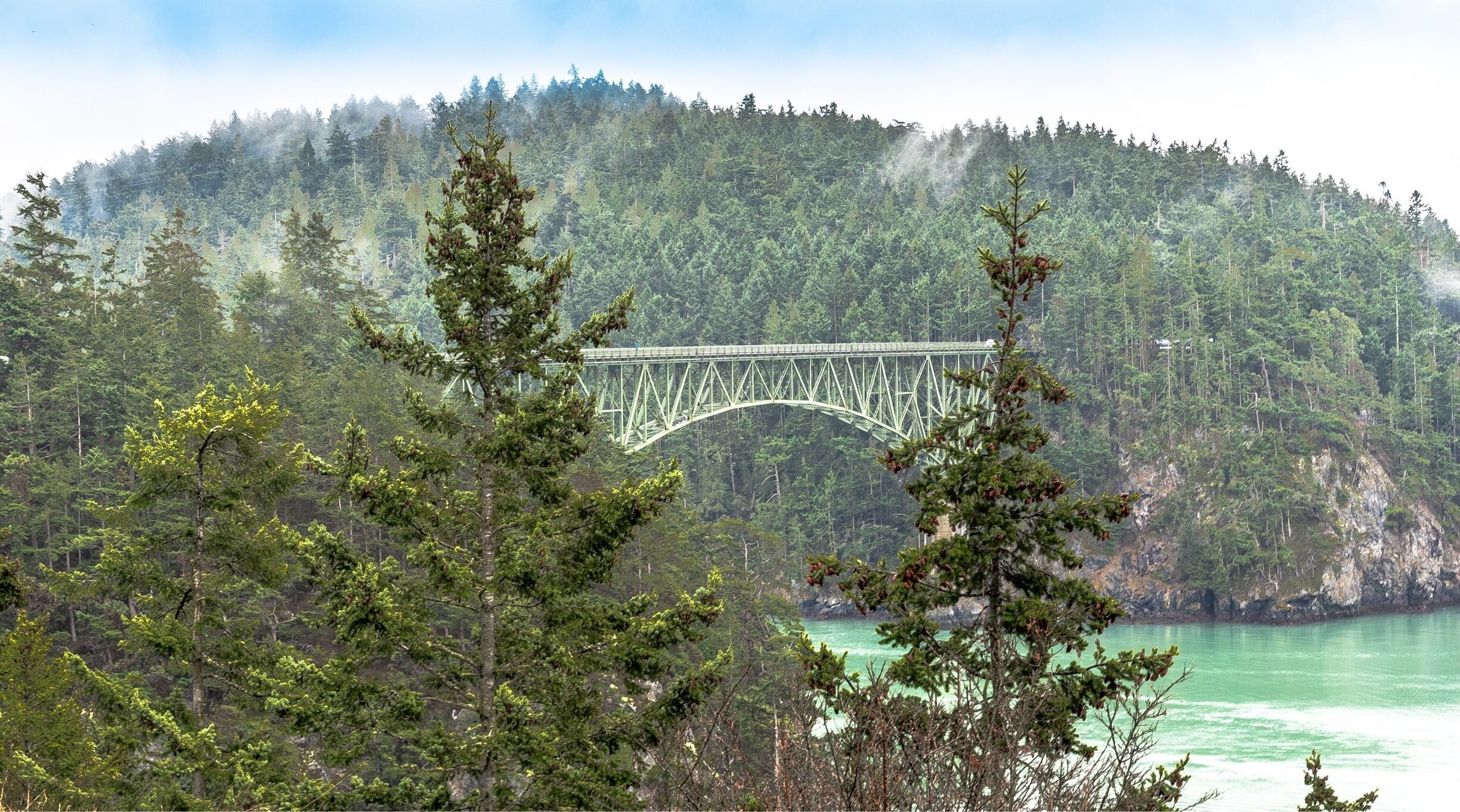 A forested mountain with a bridge.