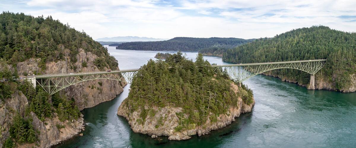 A bridge spanning a river over a forested island.