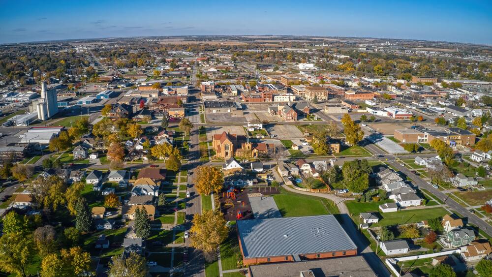 Aerial View of Downtown Norfolk, Nebraska in Autumn