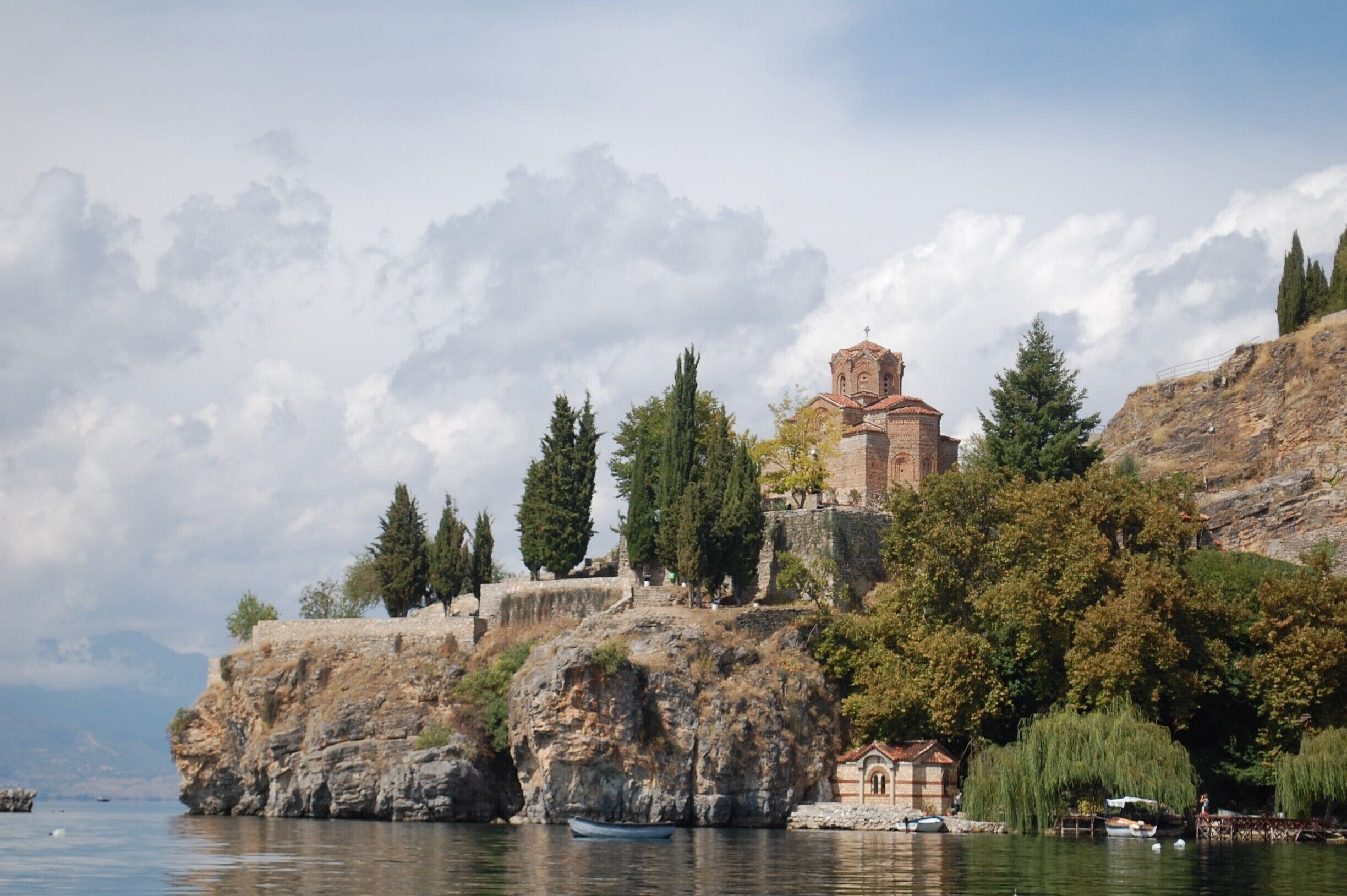 One of the many Macedonian Orthodox Churches on the shores of Lake Ohrid - there are 365 churches, one for every day of the year.

You can get to this one by walking up the hill, or alternatively, there are small passenger boats from the city centre.