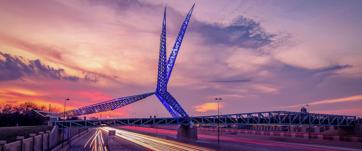 The Sky Dance Bridge located on the south side of Oklahoma City. A great place for photo ops at the entrance to the bridge or long exposures like this. There are two bridges along side with ample walking space for a tripod!