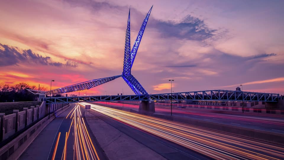 The Sky Dance Bridge located on the south side of Oklahoma City. A great place for photo ops at the entrance to the bridge or long exposures like this. There are two bridges along side with ample walking space for a tripod!