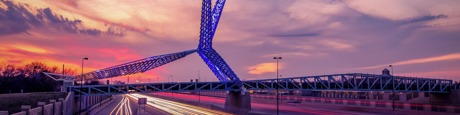 The Sky Dance Bridge located on the south side of Oklahoma City. A great place for photo ops at the entrance to the bridge or long exposures like this. There are two bridges along side with ample walking space for a tripod!
