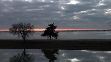 Um lago calmo com duas árvores em silhueta contra um céu nublado.