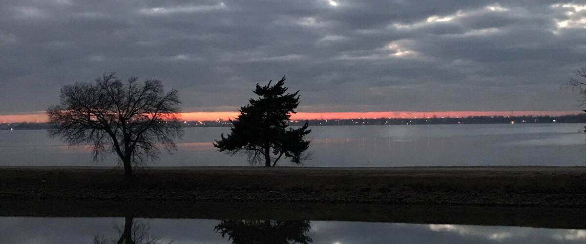 A calm lake with two trees silhouetted against a cloudy sky.