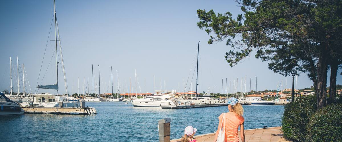 A marina with boats, a clear sky, and a paved walkway.