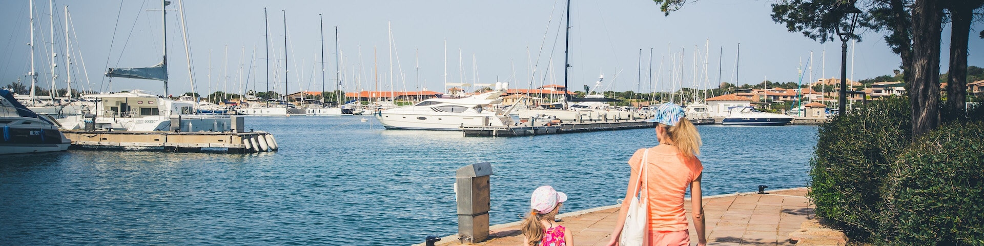 A marina with boats, a clear sky, and a paved walkway.