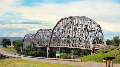 A large, rusted metal bridge with multiple arches spanning a highway.