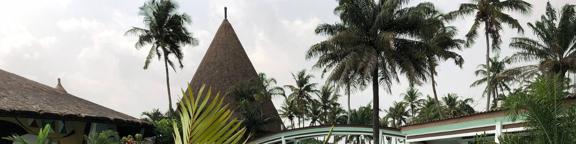 Una piscina rodeada de palmeras y un edificio con techo de paja.