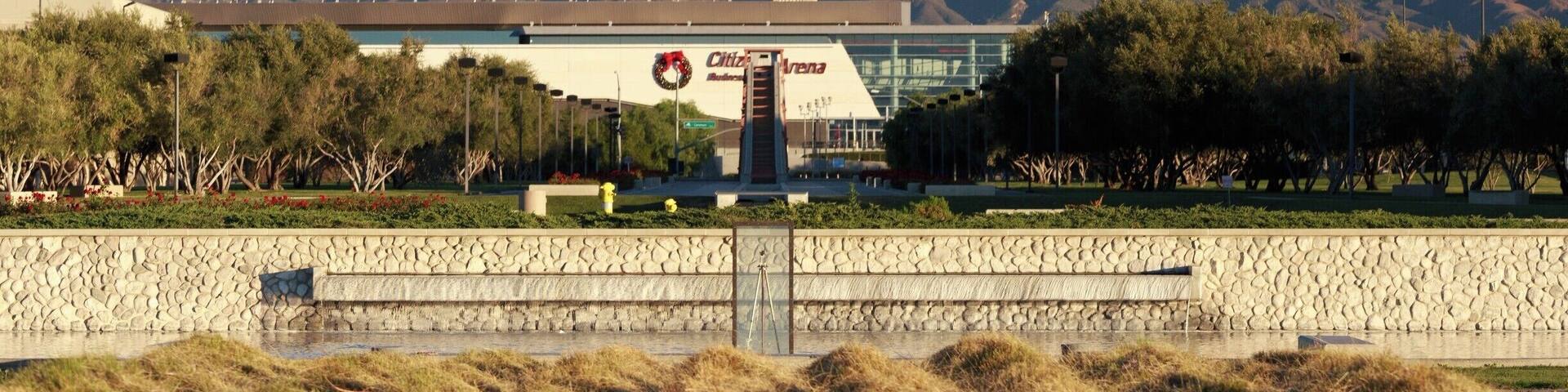 Something most people wouldn't realize is there is perfect alignment between a landscape feature, water feature, Citizens Bank Arena and Mt Baldy. Check it out in Satellite view to appreciate it a bit more.
When this picture was taken there was also a glass case with a telescope inside aligned as well. Unfortunately the telescope was vandalized and removed but of course the great view remains.
#hometown