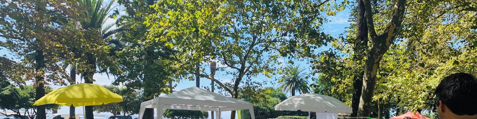 An outdoor market with various stalls under white canopies, surrounded by trees and a clear sky.