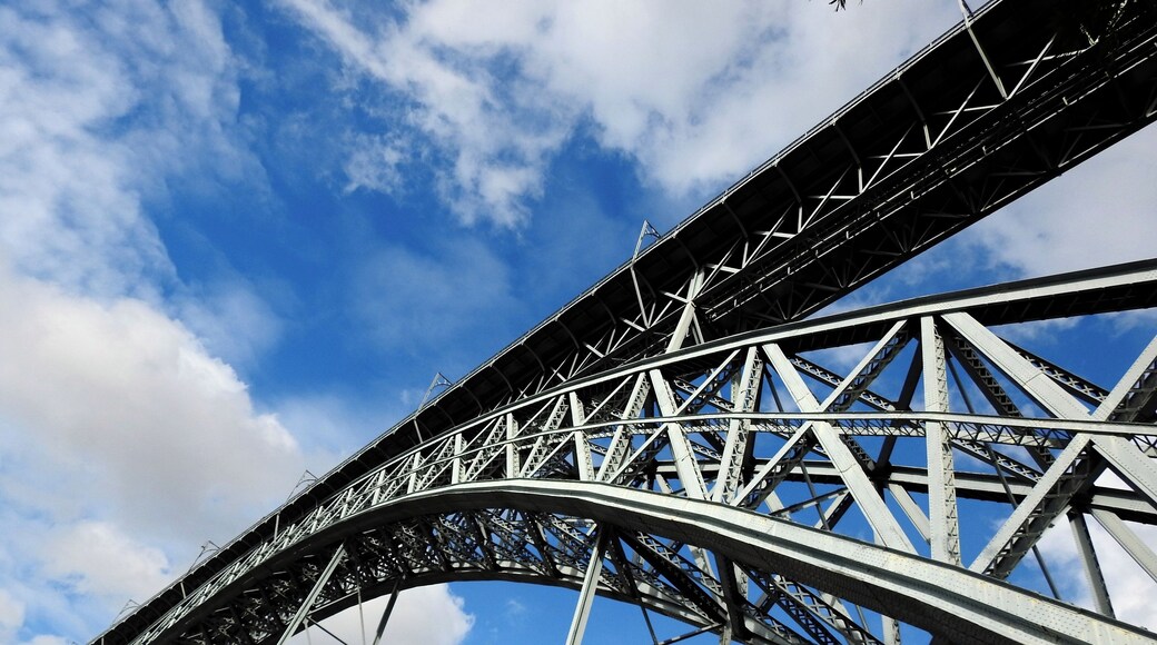 #Porto #Portugal #bridge #ponte
A ponte de D. Luiz I foi construída, no final do século XIX, sobre o rio Douro, ligando a cidade do Porto a Vila Nova de Gaia. A ponte tem dois tabuleiros. No superior circula uma linha de Metro do Porto e no inferior circulam viaturas e pedestres. Vale a pena atravessá-la a pé tanto pelo tabuleiro superior como pelo inferior. Vista magnífica sobretudo no final do dia.
The D. Luiz I bridge was built at the end of the 19th century over the Douro river, linking the city of Porto with Vila Nova de Gaia. The bridge is double-deck metal arch bridge. In the upper one runs a line of Metro do Porto and in the lower circulate vehicles and pedestrians. It is worth walking across both the top and bottom decks. Magnificent view especially at the end of the day.