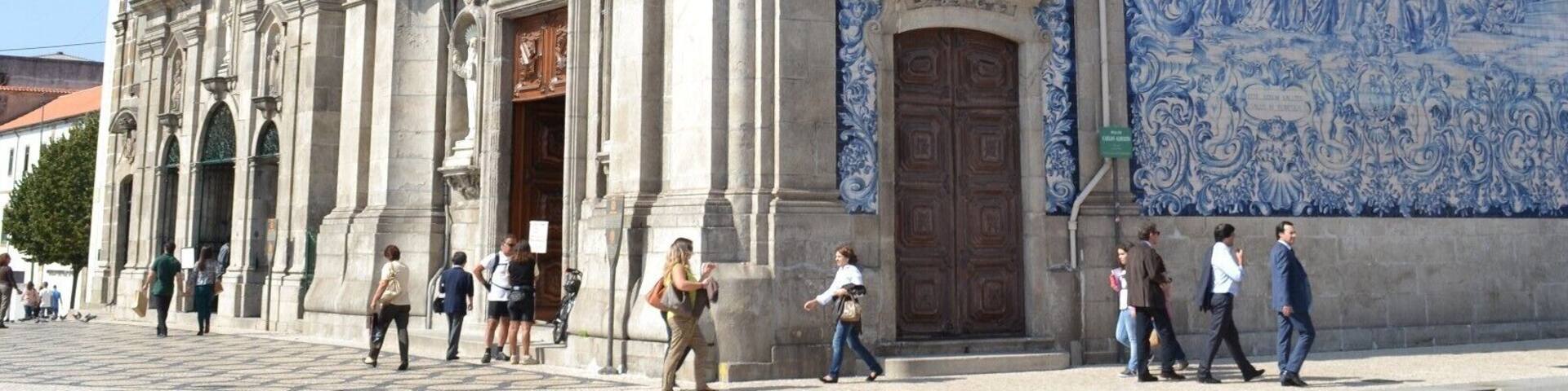 A historic church with intricate blue and white tile work and ornate architecture.