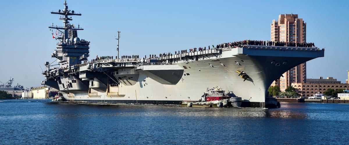 The USS George H.W. Bush (CVN 77) makes its way to sea after a year long PIA at Norfolk Naval Shipyard.