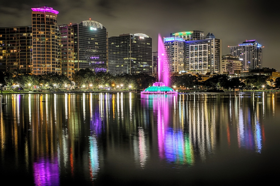 A beautiful, drizzly night in Orlando with cool temps and bright lights. Gotta love what I can find in #MyBackyard right here in this city. Just after sunset when the sky is a little more blue is a perfect time to capture the skyline and reflection. It is called "blue hour" and it's the most stunning time to catch a skyline.