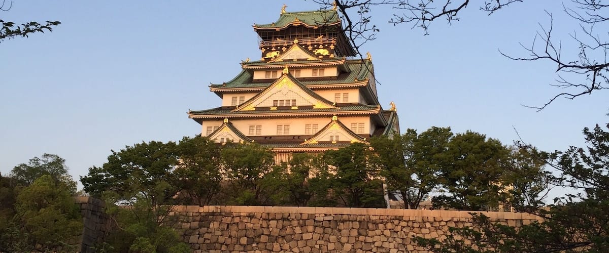 Too late in the season to watch the cherry blossom illumination. The trees are no longer blooming. During cherry blossom peak season you can have the night viewing. Osaka Castle is in the background. The garden is just a few hundred meters from it.
