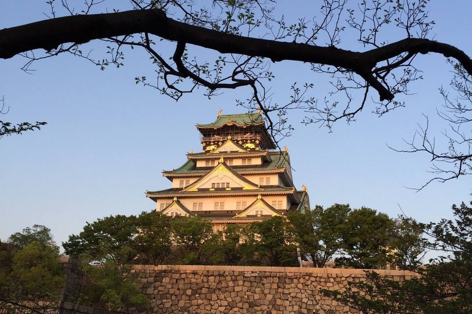 A traditional Japanese castle with multiple tiers and golden accents, surrounded by a stone wall and trees.