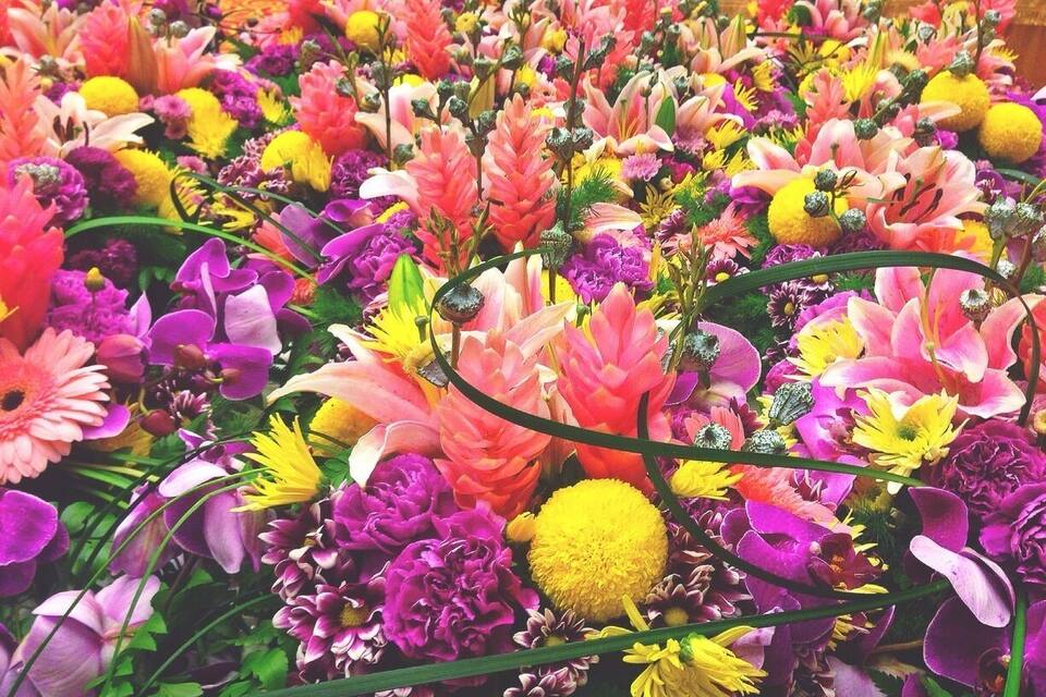 A vibrant floral arrangement with various flowers in shades of pink, yellow, purple, and orange.