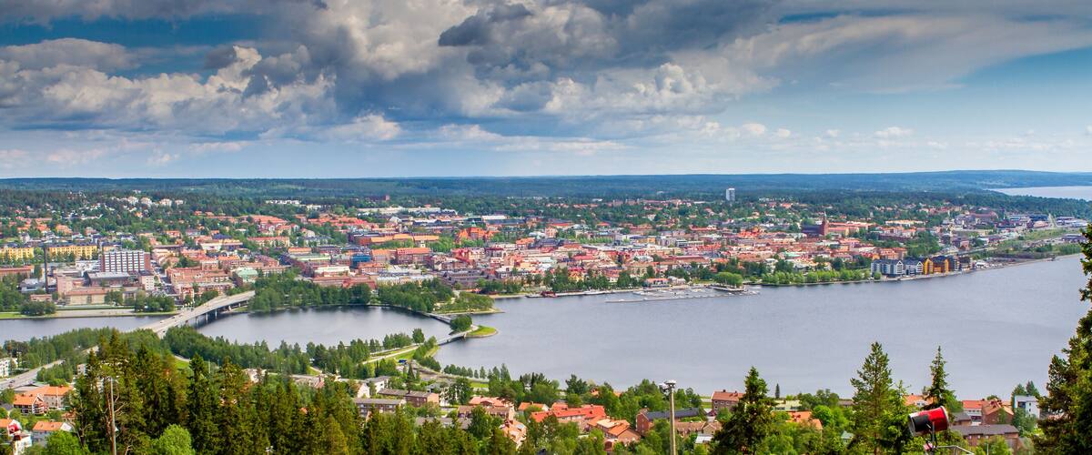 A panoramic view of a city with a river, surrounded by greenery and under a cloudy sky.