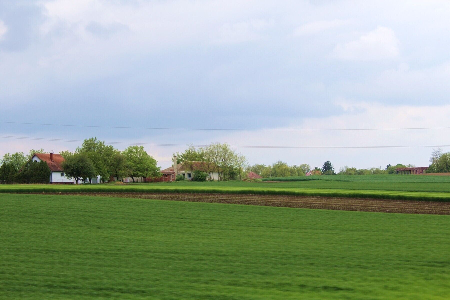 A rural landscape with green fields, a white house, and a red barn.