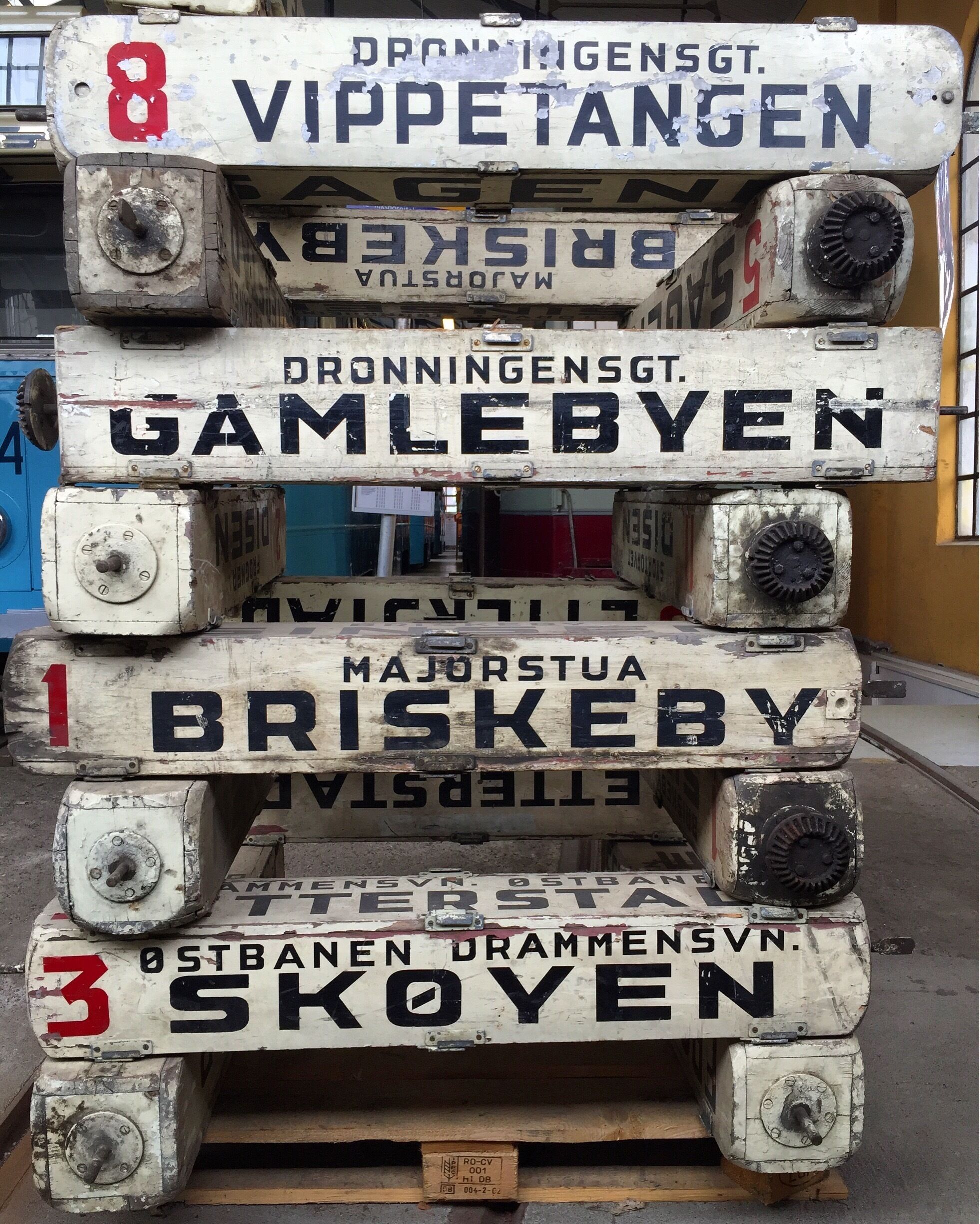 At this museum you get to walk through old trams, trolleys and buses. They also have all these old signs that let passengers know which line they were riding. 