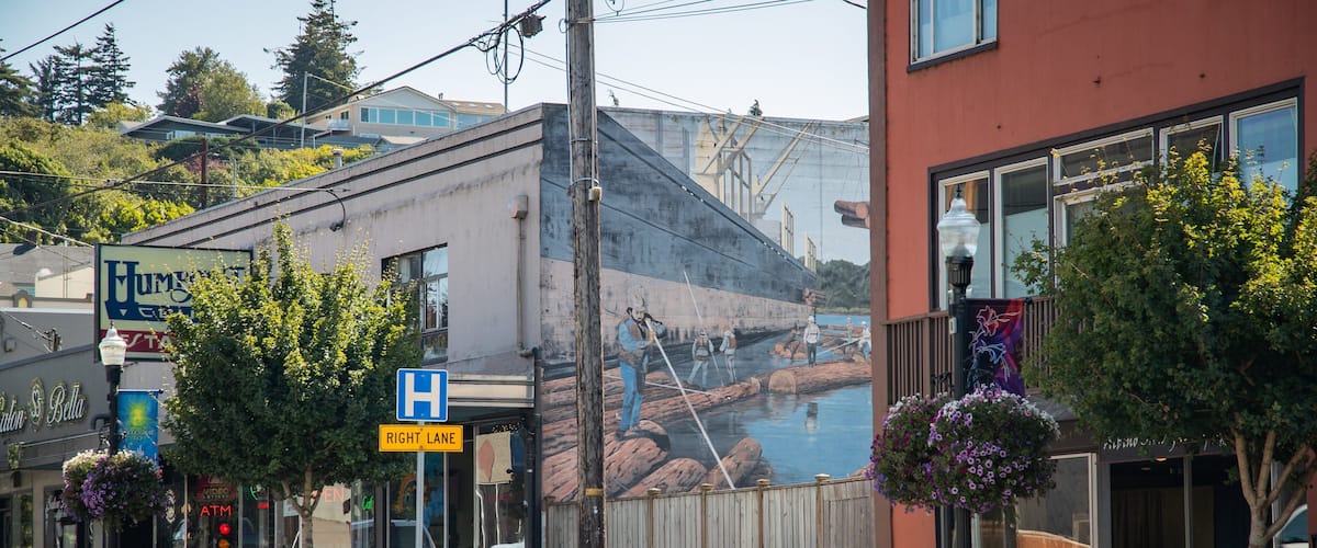 A street with a hospital sign, a right lane sign, and a mural of a river scene.