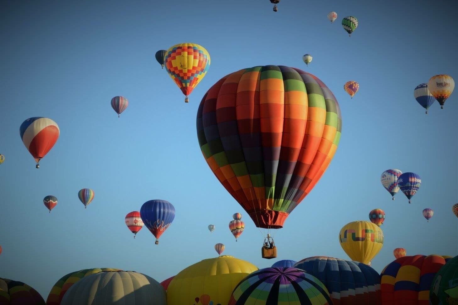 A variety of colorful hot air balloons against a clear blue sky.