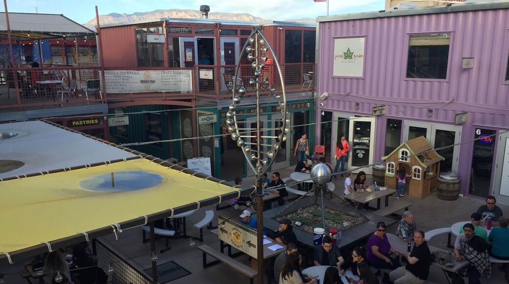 Rooftop view of the center of Green Jeans, a brewery and eatery made completely of recycled shopping containers. All good, beer, and art are locally made.