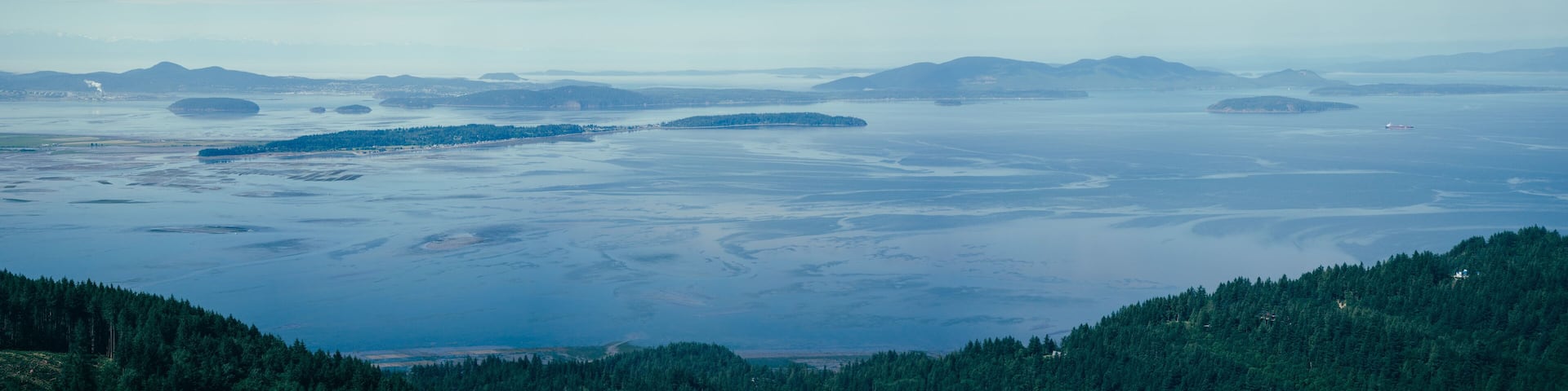 Giant panorama of Samish bay and nearby islands in Washington state